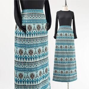 Vintage 70s Blue Geometric Boho Tapestry A-Line Maxi Skirt with Pockets XS S